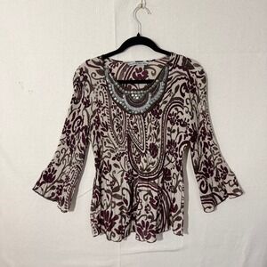 Signature by Larry Levine Womens Pleated Paisley Beaded Blouse Purple Brown M